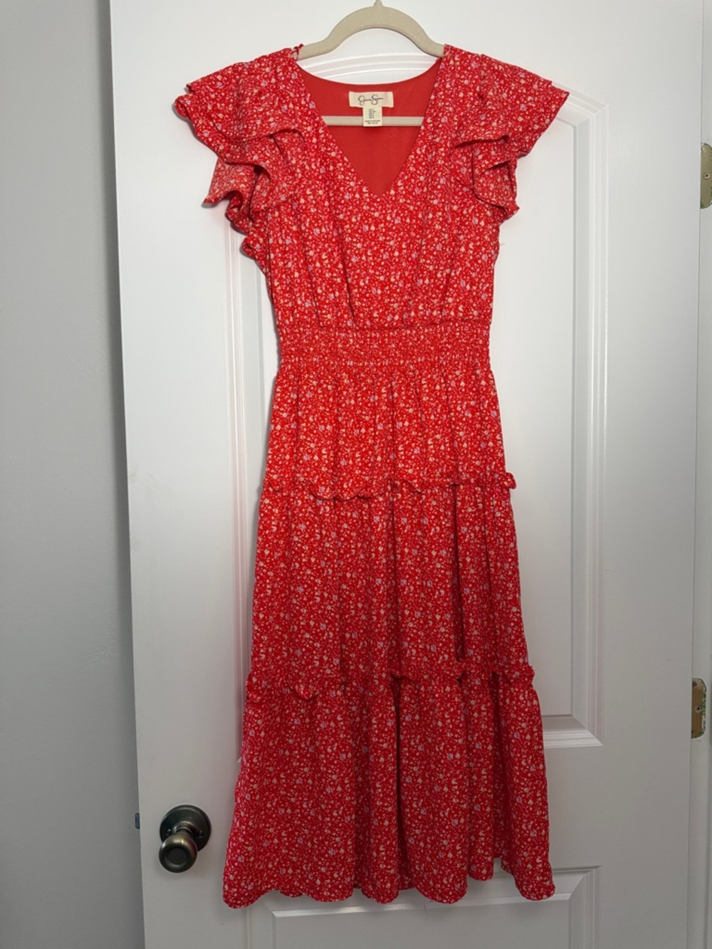 Jessica Simpson Orange Floral Midi Dress with Flutter Sleeves